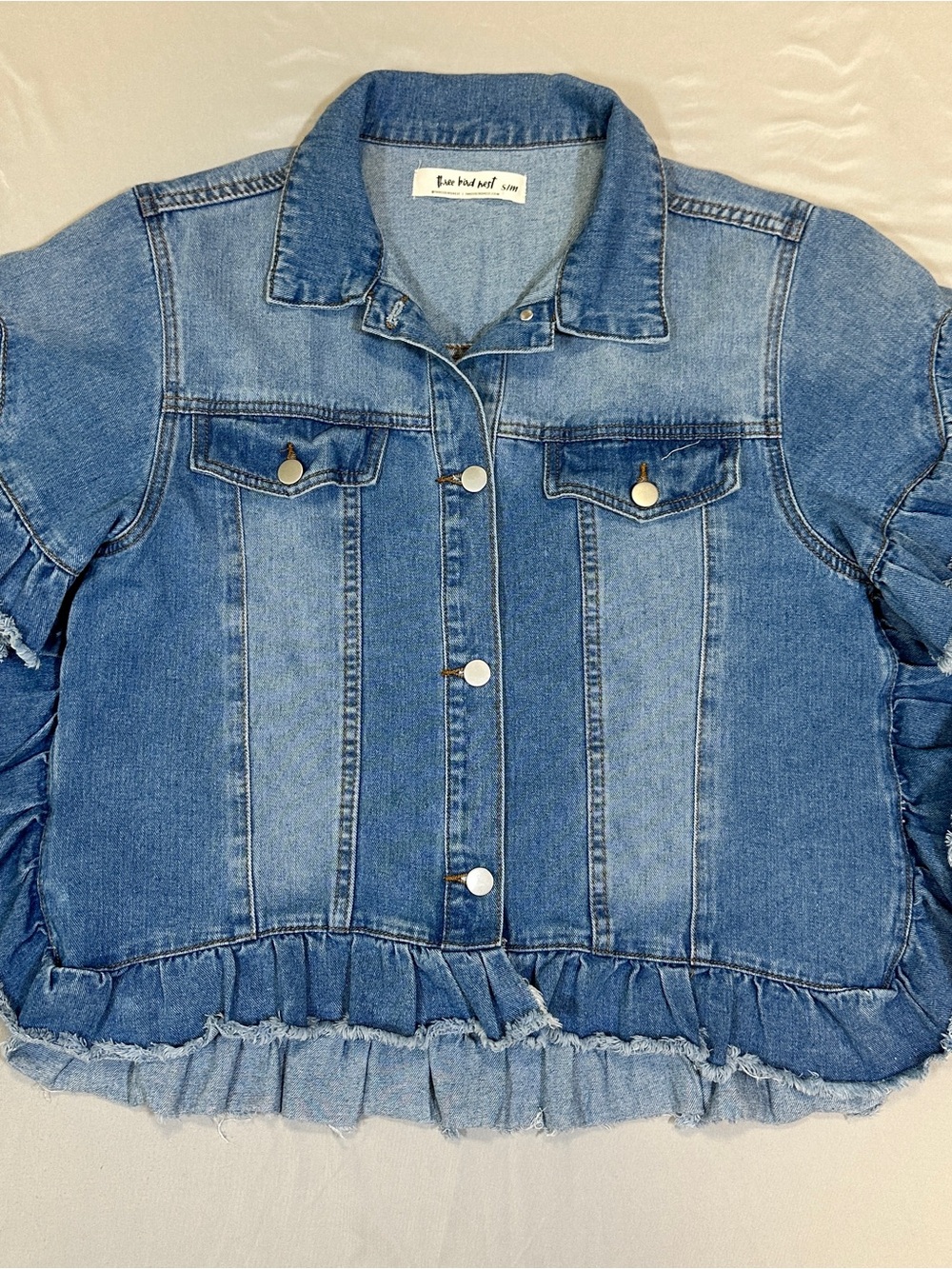 Three Bird Nest Ruffle-Hem Denim Jacket - Blue